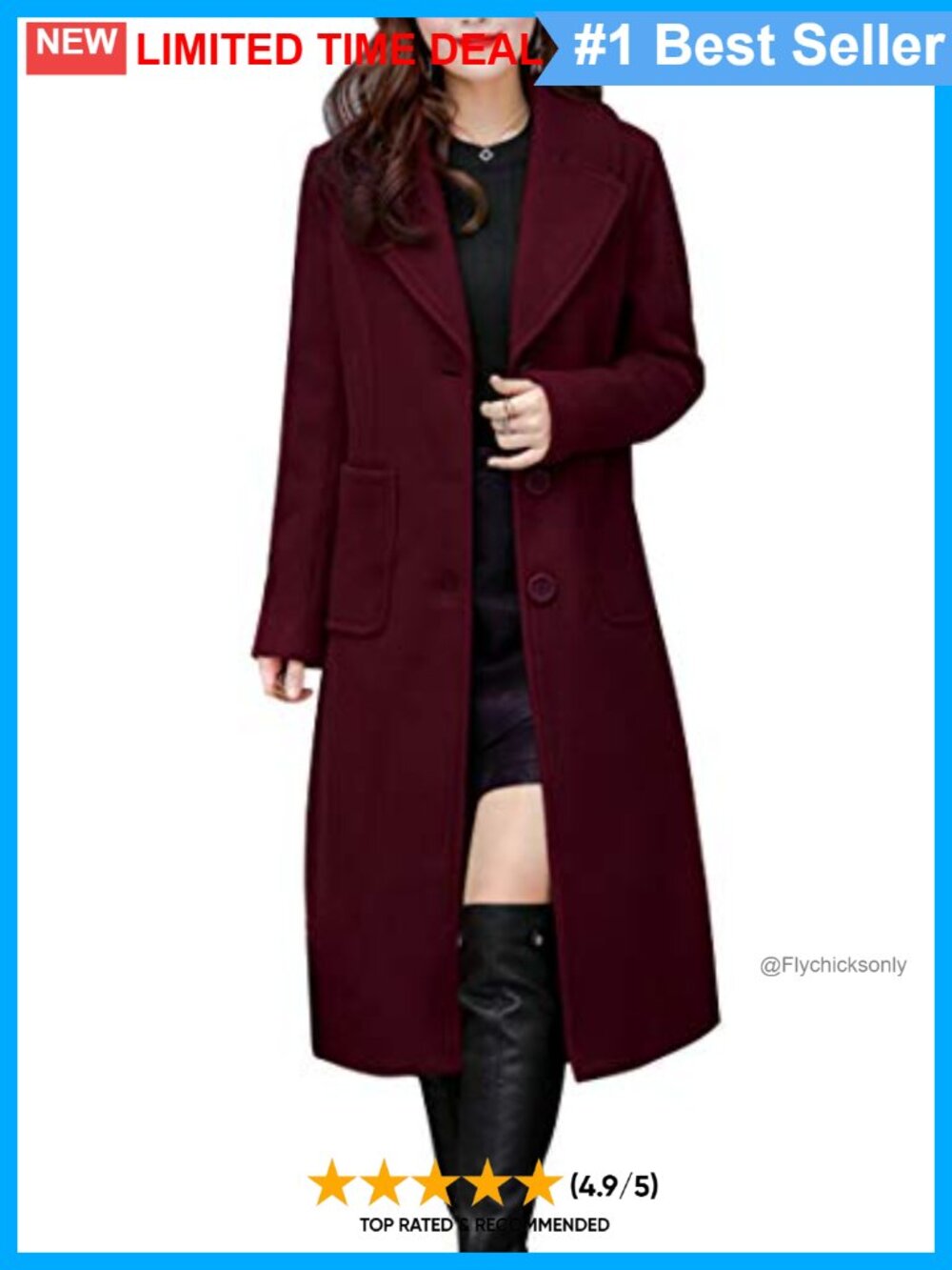 Women's Wool Blend Coat Notch Lapel Single Breasted Midi Pea Coat